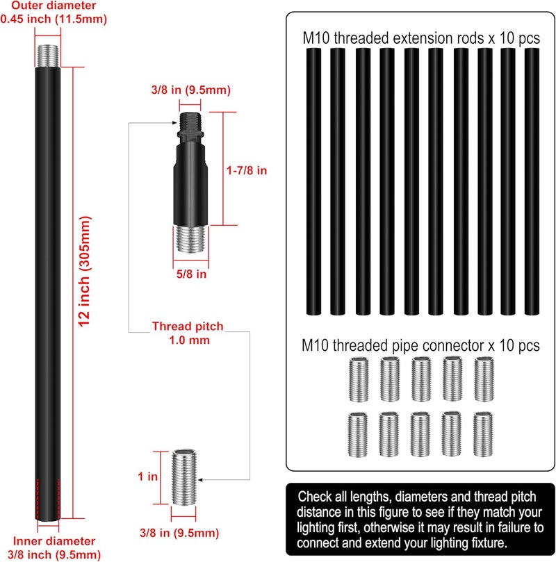 MAYOMAJO 10 Pieces 12-inch M10 Threaded Extension Poles Lighting Fixture Downrods Stems & 180 Degrees Sloped Ceiling Adapter Kits for Pendant Light, Island Lighting, Chandeliers (Black) - Image 2